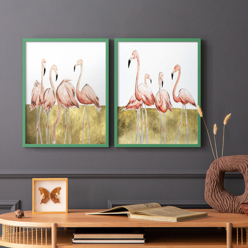 «Flamingo Flock I», reproduction encadrée de qualité supérieure - prête à être accrochée - aucun clou requis - aucun clou requis