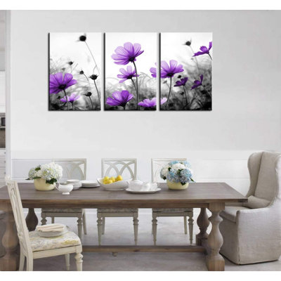Fleurs, art mural sur toile, fleurs sauvages mauves, fond noir et blanc