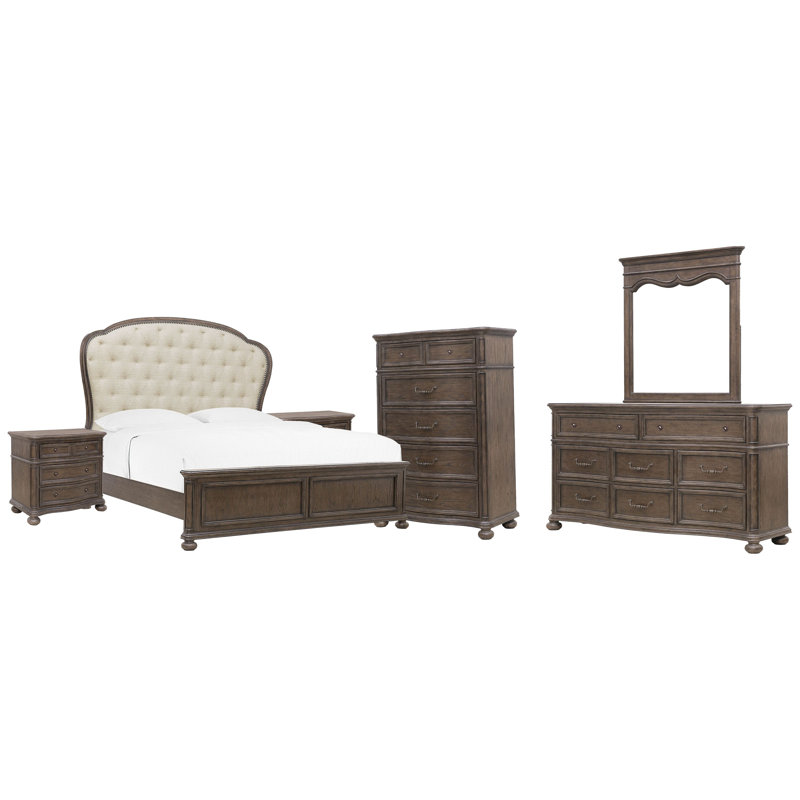 Grand lit double tapissier à panneau avec commode 2 tiroirs avec miroir et commode, Grand lit