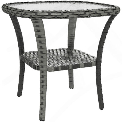 Outsunny Rattan Coffee Table With Storage Shelf, Wicker Side Table With Glass Top, Outdoor End Table