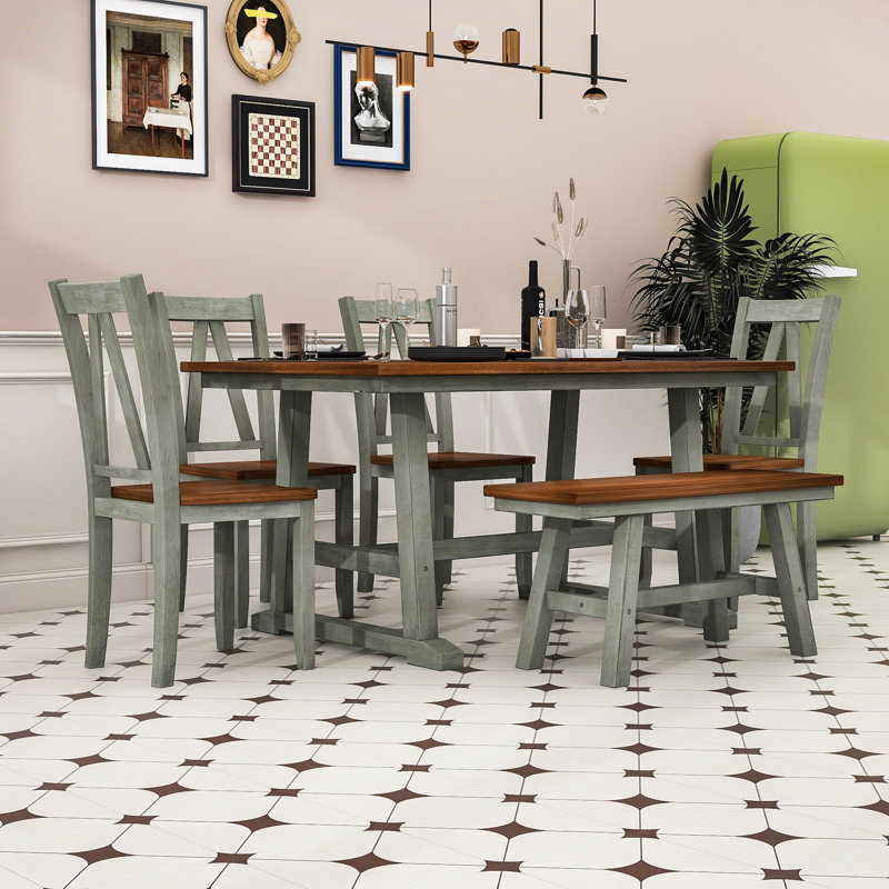 Ensemble de salle à manger 6 pièces avec table rectangulaire, 4 chaises en bois et banc assorti, Noyer, Noyer, Gris