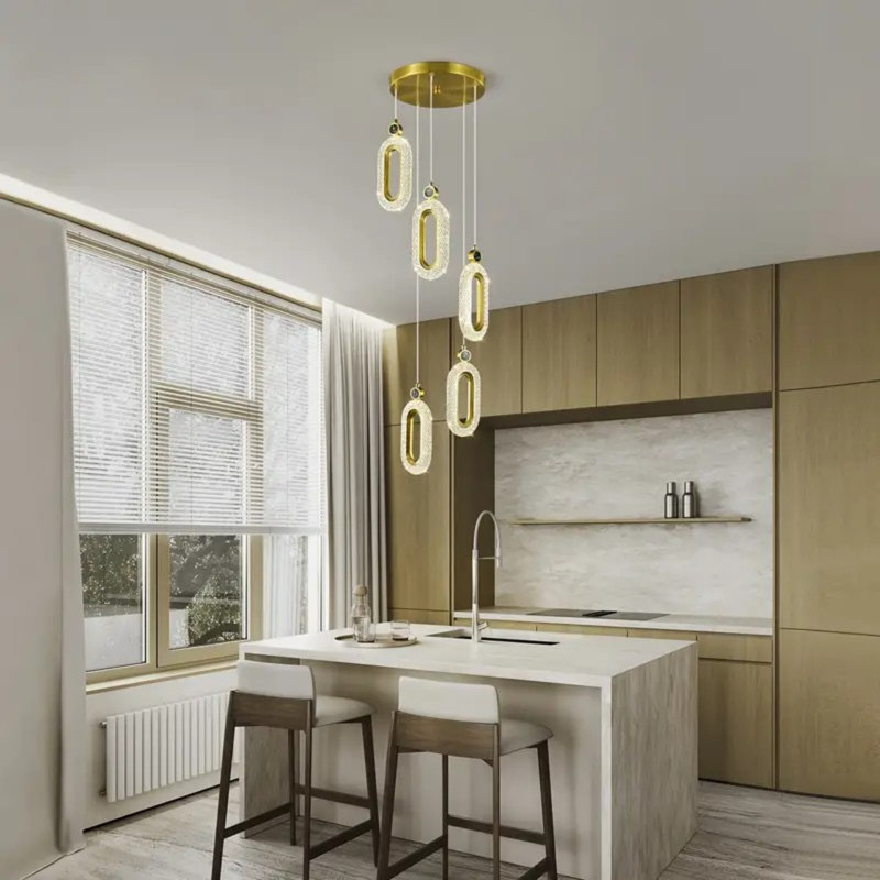 Luminaire suspendu moderne à 5 lumières dorées pour îlot de cuisine à DEL à intensité variable, H 59 po x l 12 po x P 12 po