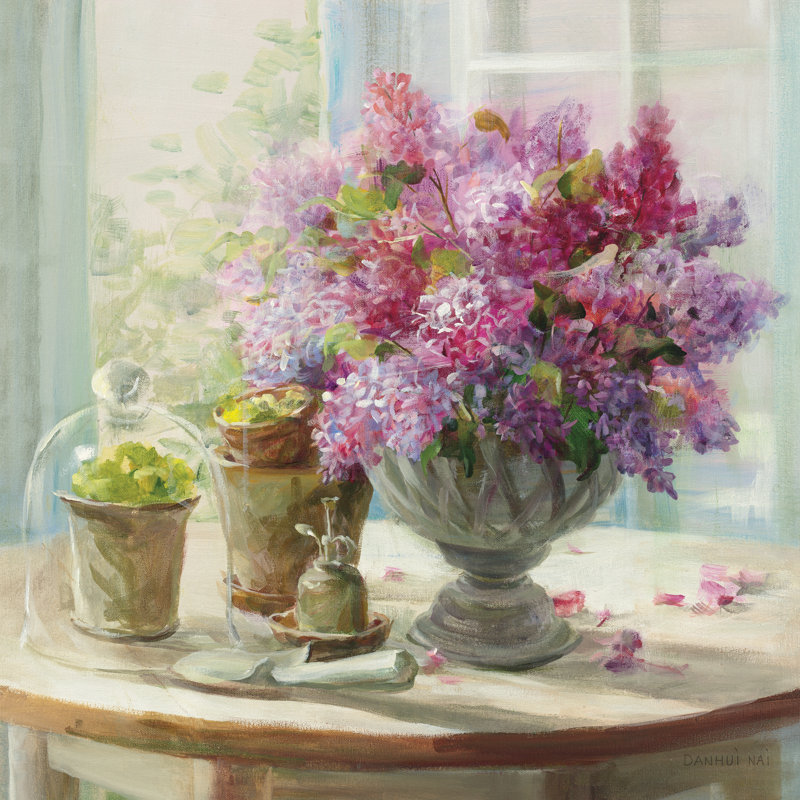 Lilas nature morte par Danhui Nai - peinture sur toile tendue, H 32 po x l 48 po