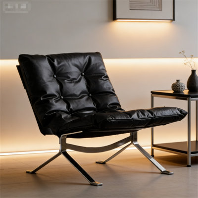 Modern Tufted Faux Leather Accent Chair, Black Upholstered Lounge Chair With Stainless Steel Base, Mid-century Living Room Armchair