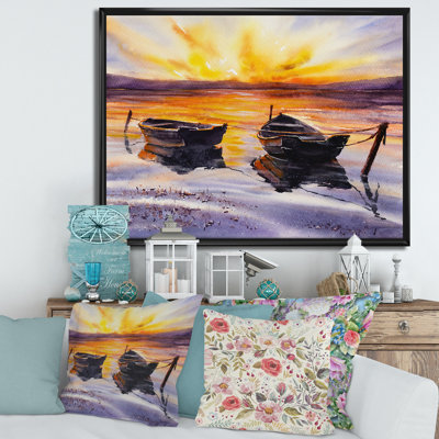 Coucher de soleil et deux petits bateaux stationnant sur la côte - Peinture sur toile