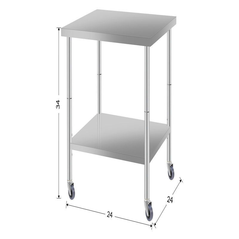 Table de travail en acier inoxydable 24 "x 24" avec tablettes et roulettes Tina
