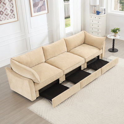 3Seater SofaWith Storage Pull outDrawersUnder Each Seat3 - Seat Large Wide And Deep Seat Sofa with Excellent StorageSpaceSuitable for Big LivingRoomsChenilleWheat