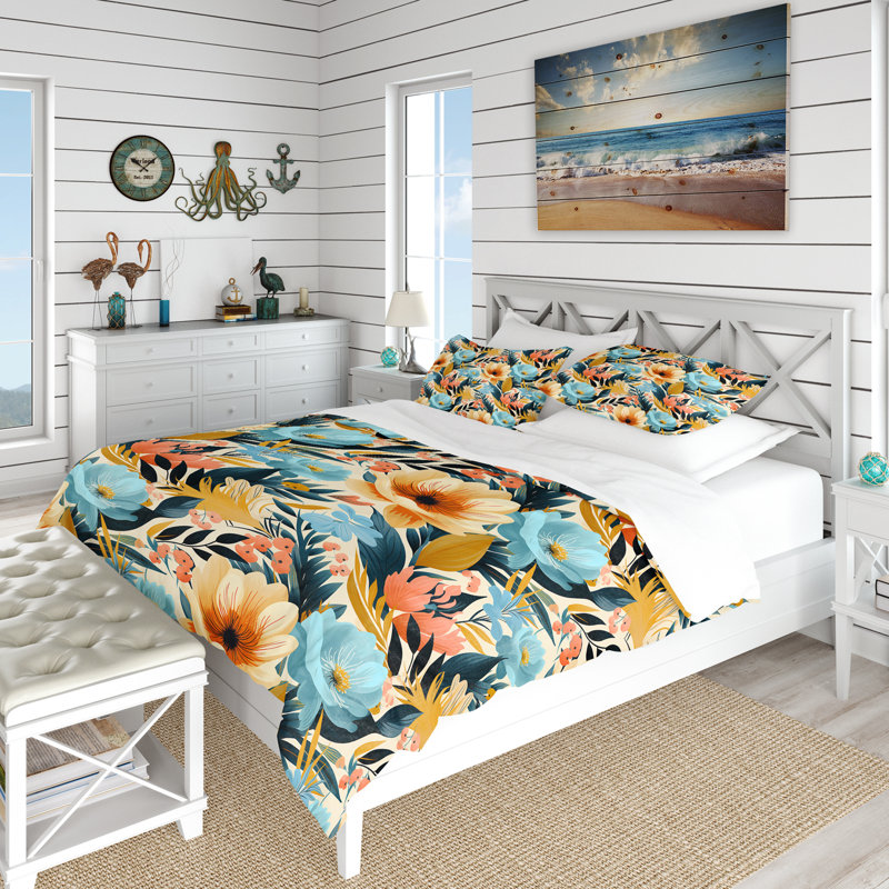 Ensemble de housse de couette fleurs claires à motif tropical, Housse de couette pour grand lit et 2 taies décor