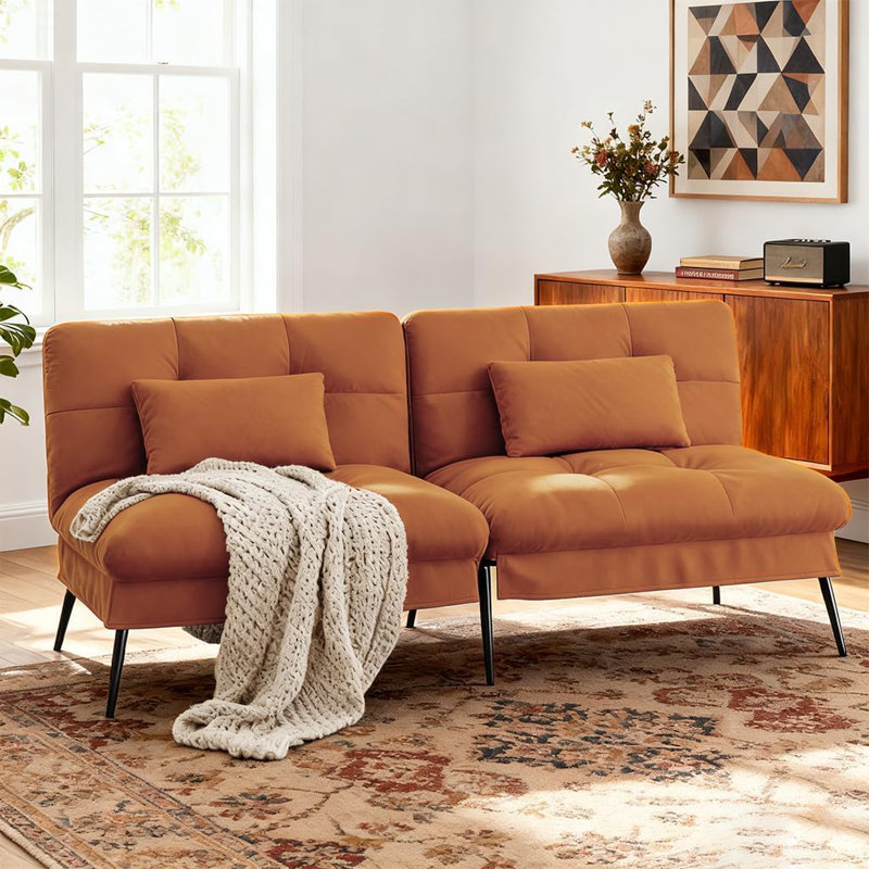 COMHOMA Convertible Futon Sofa Bed, 72" Fabric Couch with Adjustable Backrest, Folding Sleeper Recliner for Living Room (Orange Brown)