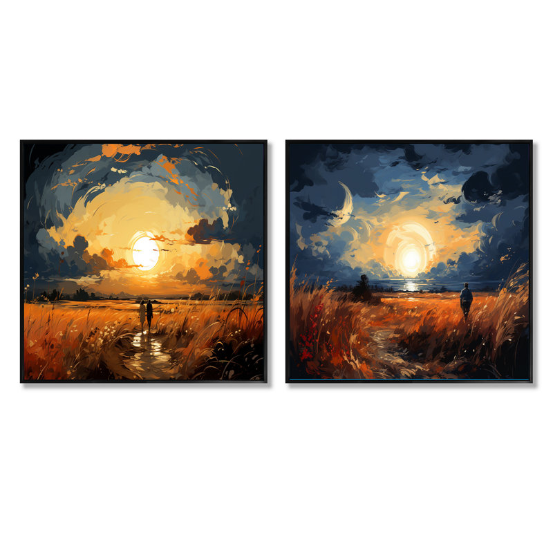 Wheatfield On A Summers Day Rural Farmland - Meadow Square Collage Set Of 2, Black Floater Framed, 16" H x 33" W