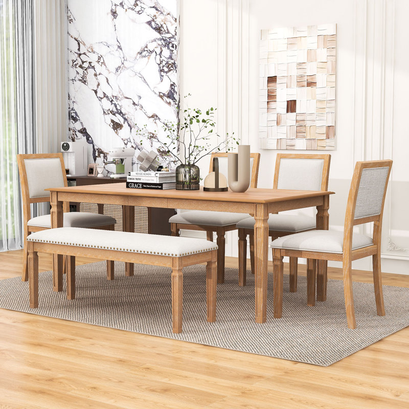 Ensemble de table de salle à manger extensible pour 6 personnes avec table rectangulaire, 4 chaises rembourrées et banc Vintage
