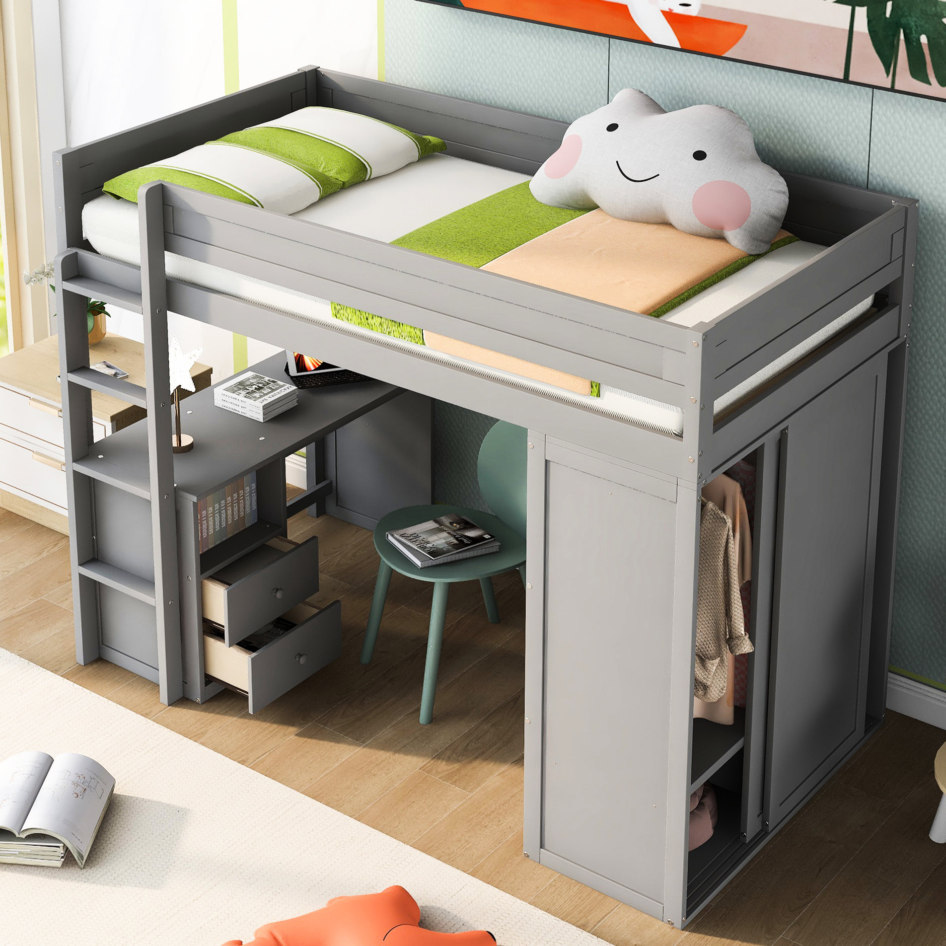 Harriet Bee White Loft Bed With 2 Desk And Storage - Stylish Bedroom ...