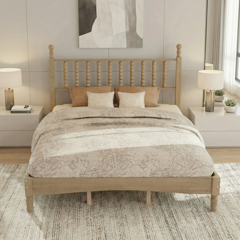 Lit plateforme rétro en bois massif avec tête de lit à broche gourde et support à lattes, aucun sommier requis, plusieurs tailles et finitions