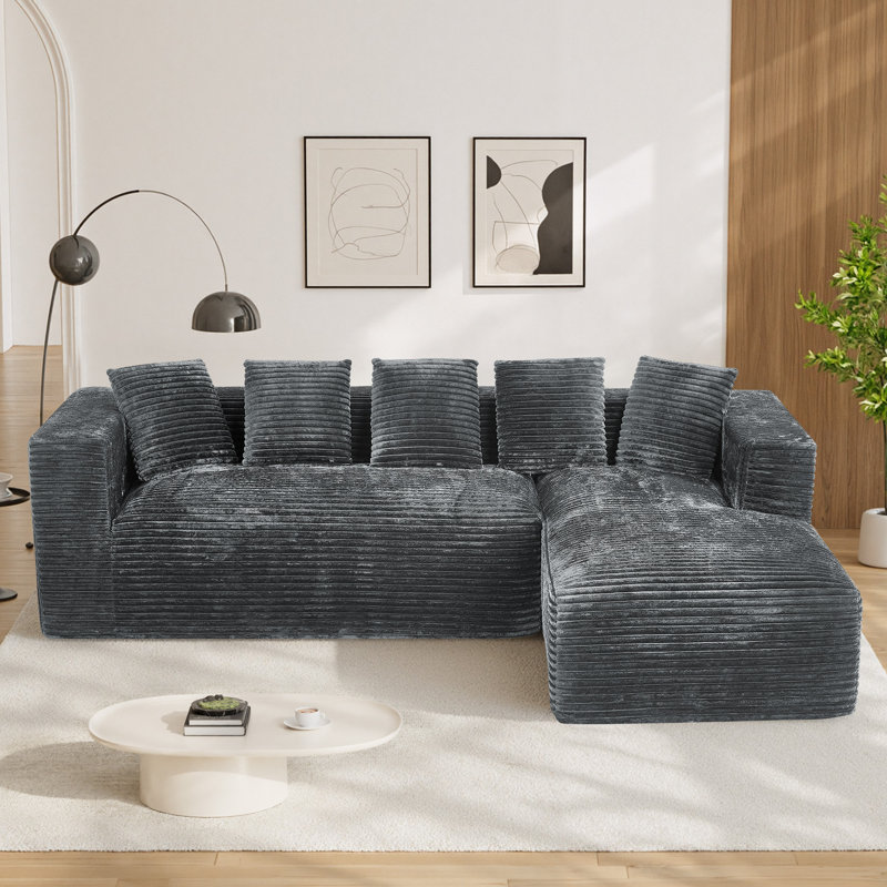 Canapé modulaire surdimensionné avec coussins Adame Boneless Compression, Velours côtelé gris, Forme en L, Face à la droite