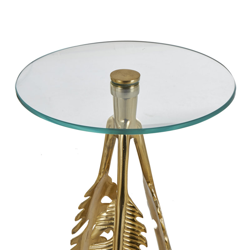 Onesimos Aluminum Metal Leaf Side End Accent Table with Tripod Legs and Tempered Glass Top Set, Gold
