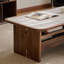 Table basse beige en pierre et bois de noyer