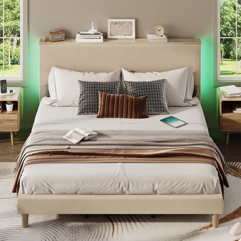 Lit plateforme tapissier Abe avec tête d'éclairage DEL, Double, Taupe