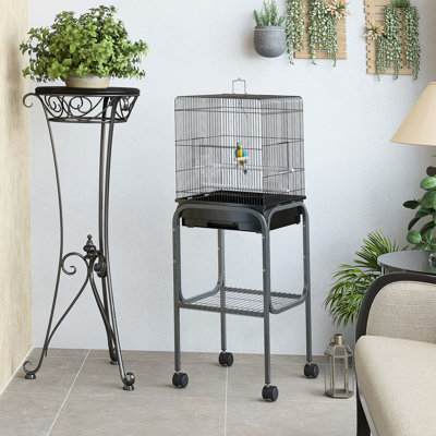45-inch Metal Indoor Bird Cage, Parrot Cage, Bird Aviary with Detachable Rolling Stand, Storage Basket, and Accessories - Black