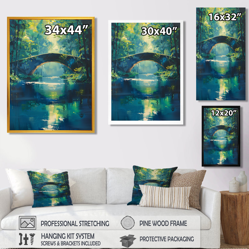 Bleu, été, rivière, voie d'eau, pont, pont, art mural, salon, Toile tendue, H 20 po x l 12 po