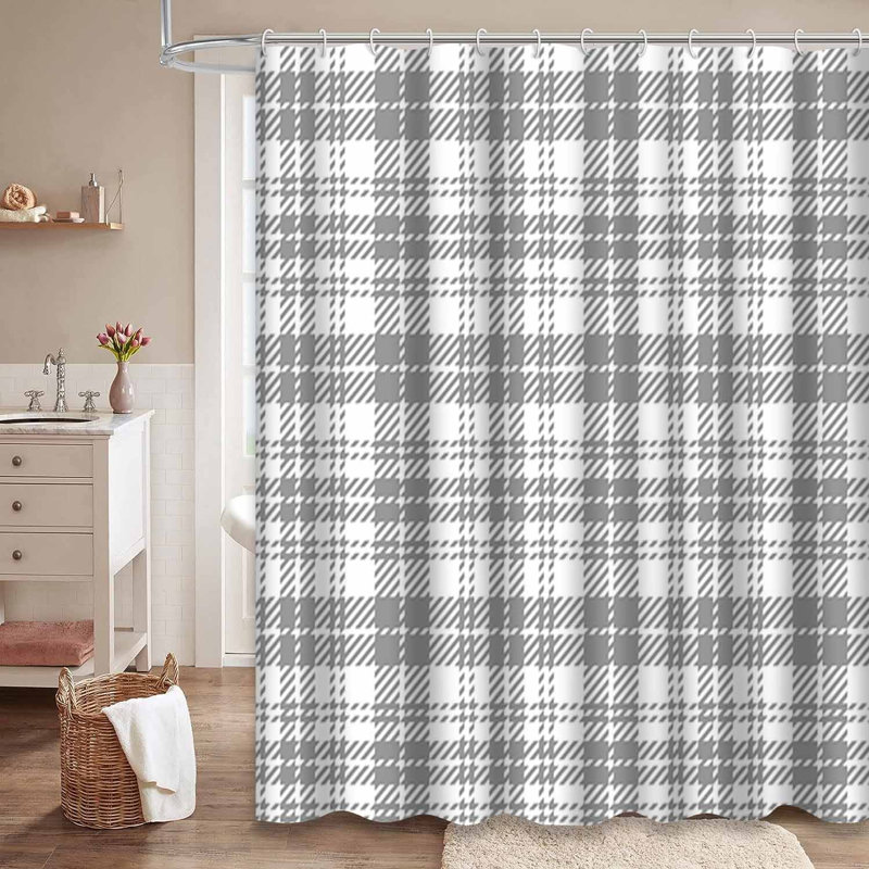 Rideau de douche gris à carreaux gris avec toile de fond abstraite et 12 crochets, L 72 po x l 78 po