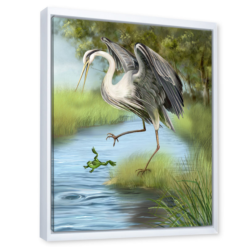 Grue chassant une grenouille dans l'eau - Imprimé campagnard, H 20 po x l 12 po x P 1po, Cadre blanc