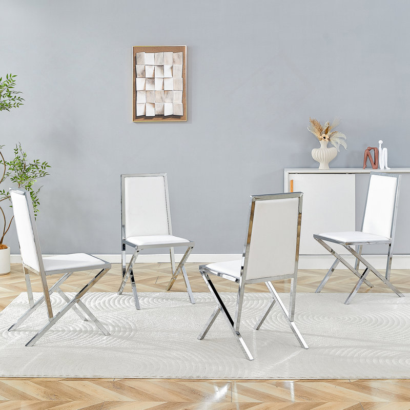 Ensemble de 4 chaises de salle à manger en polyuréthane à structure ergonomique et élégante, 4, Blanc, Argent