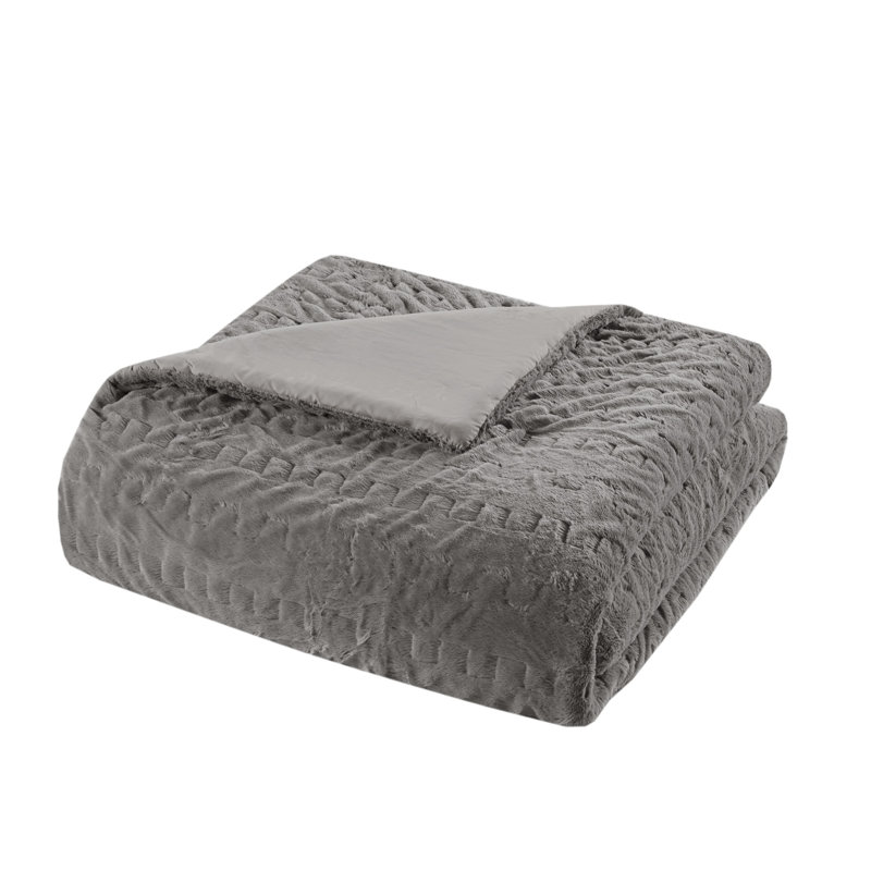 Blair Ruched Faux Fur Comforter Set, King/Cal King Comforter + 2 King Shams, Black