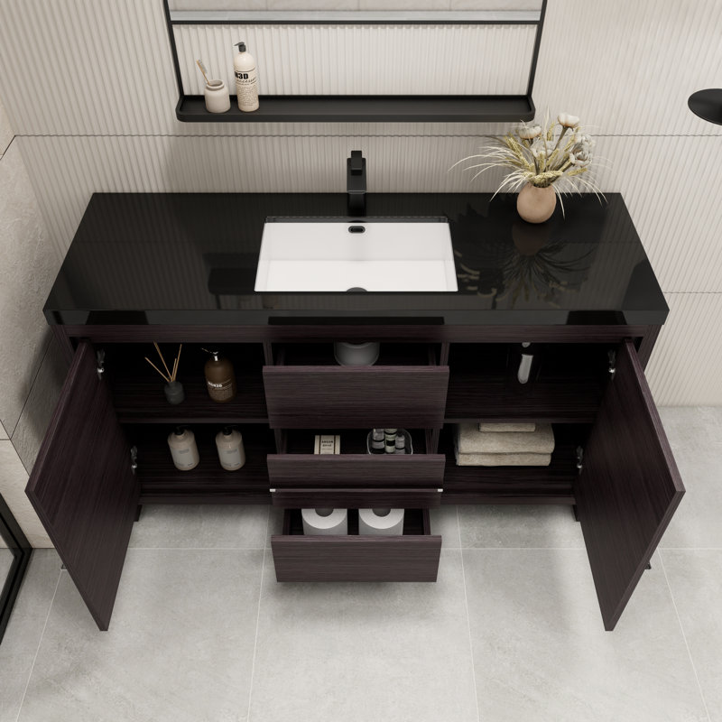 Raghida 58.82'' Single Bathroom Vanity with Plastic Top, Black Gray Oak