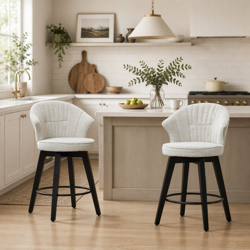 Tabourets de bar pivotants à oreilles (ensemble de 2), hauteur de comptoir réglable de 25 po, revêtement en chenille avec pieds en bois massif, pieds de nivellement pour îlot de cuisine, pub ou salle à manger (blanc) | Idée cadeau