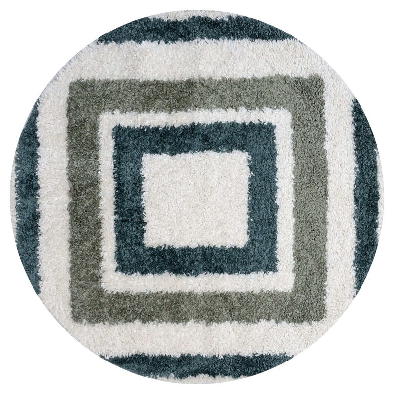 Moodi Modern Shaggy Area Rug Geometric Border Design, Off-White/Green, Round 120 cm