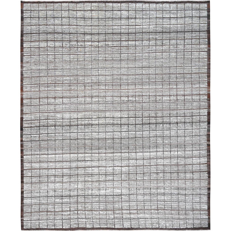 Tapis 12 pi 6 po x 15 pi en porcelaine blanche, tissage marocain avec motif de boîtes, velours texturé, ton sur ton, laine naturelle non teinte, noué à la main, surdimensionné, tapis oriental