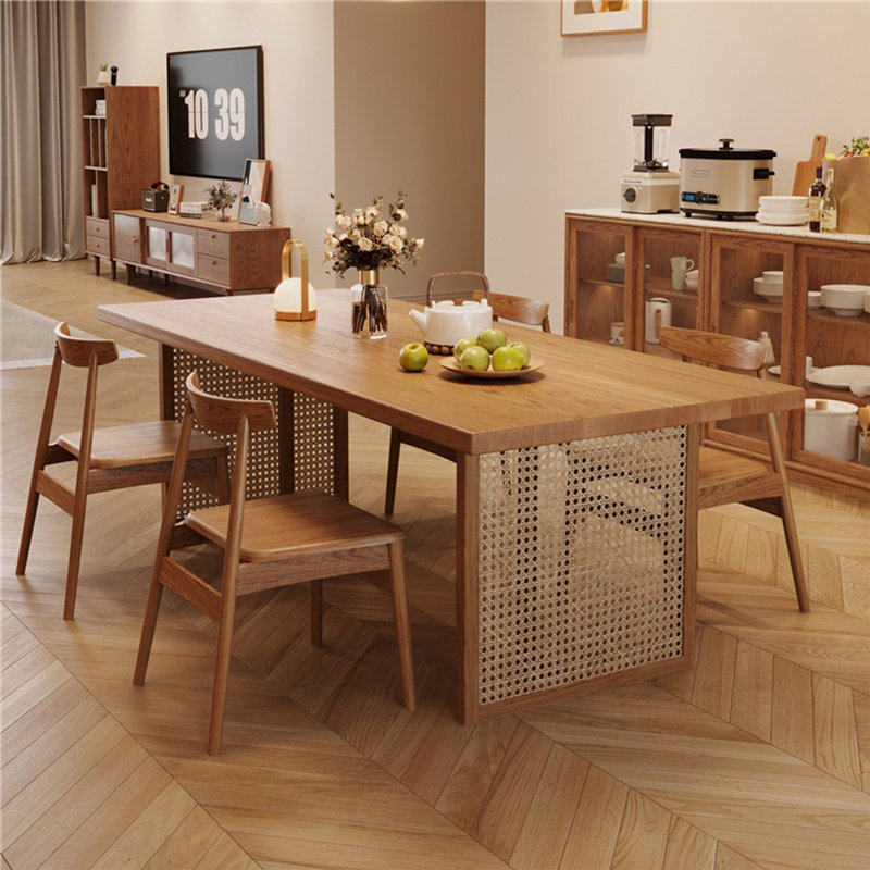 Solid wood hand rattan dining table set, 29.52"H x 70.86"L x 31.49"W