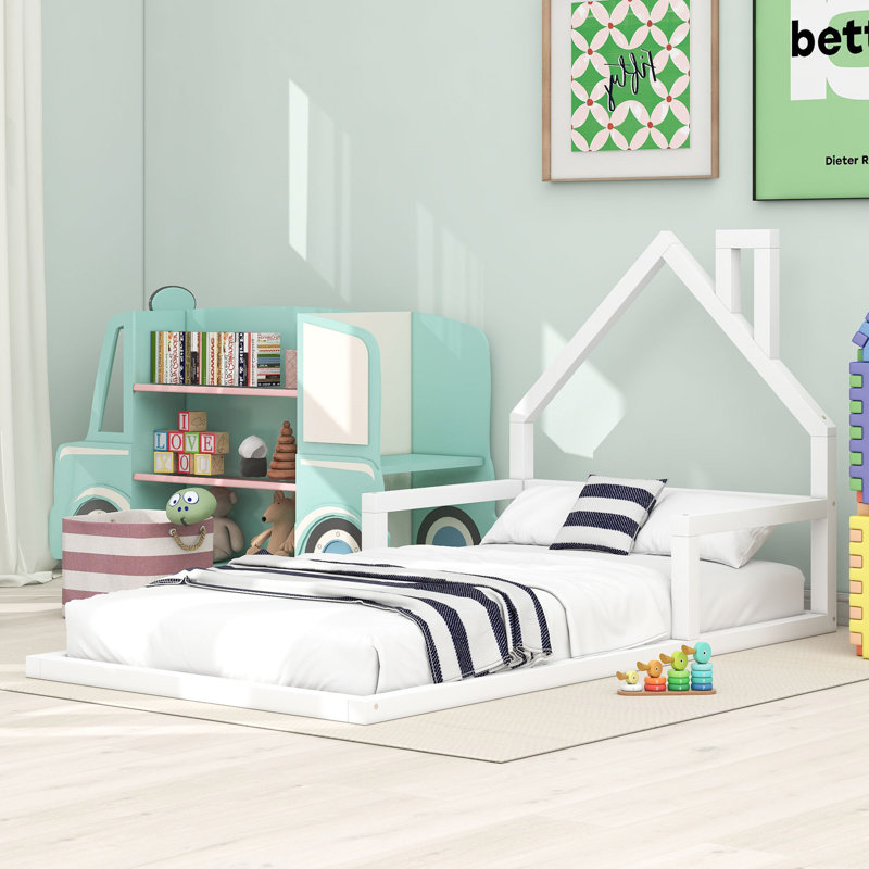 Wood Floor Bed With House-Shaped Headboard, Twin, White