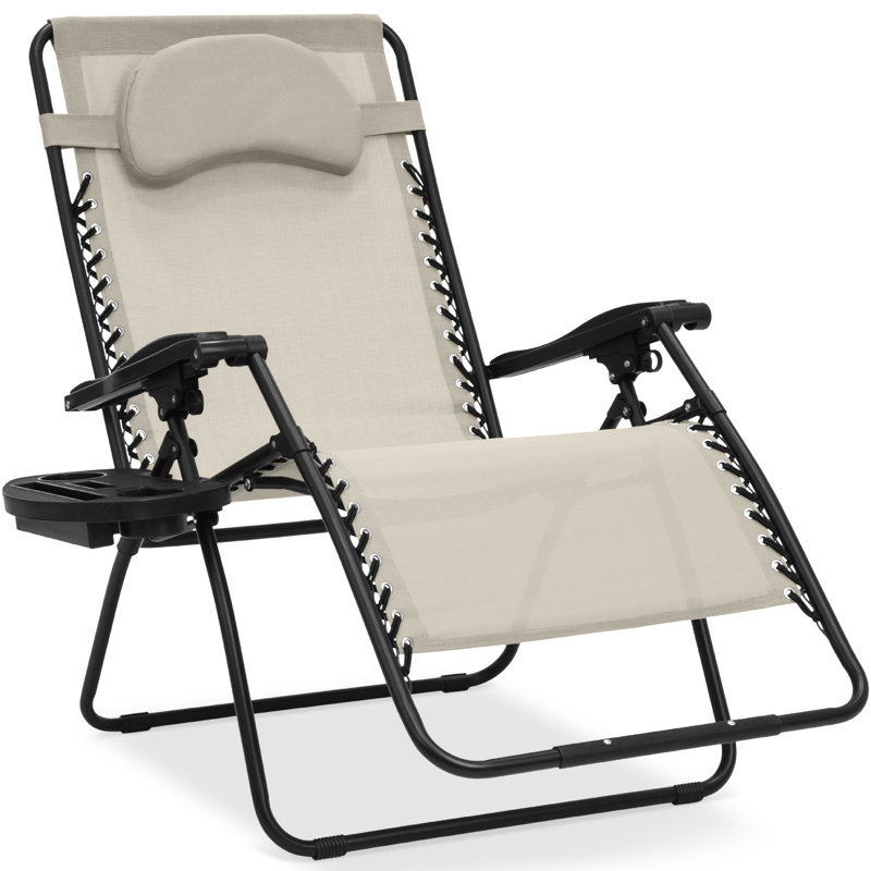 Oversized Zero Gravity Chair, Folding Outdoor Patio Recliner W/ Cup Holder, Black, Ivory
