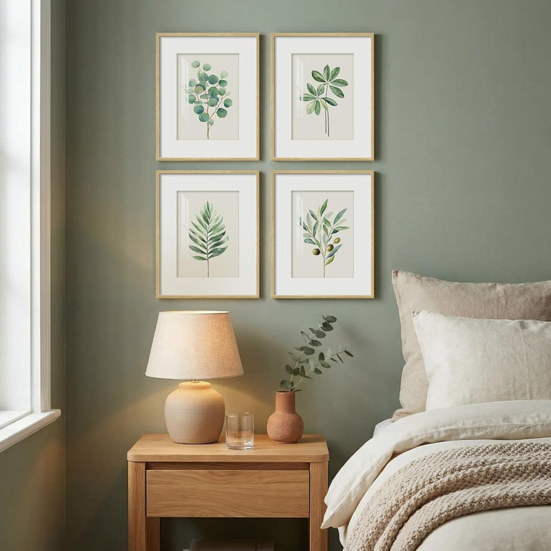 Ensemble de 4 tableaux muraux encadrés représentant des feuilles botaniques vert sauge