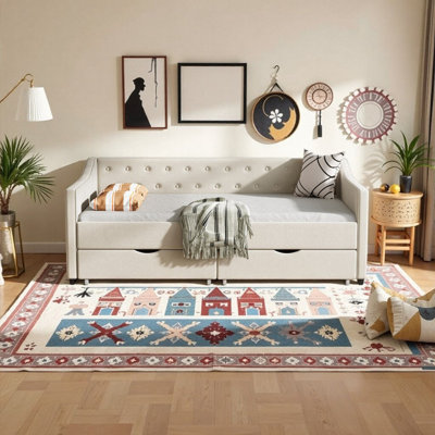 Afore Twin Size Upholstered Daybed with Storage Drawers, Tufted Back Sofa Bed