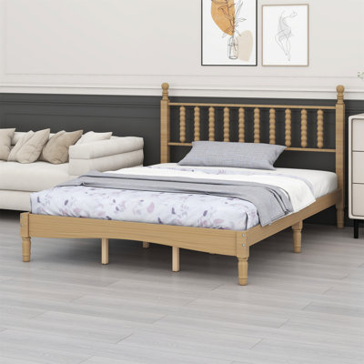 Grand lit plateforme rétro en bois avec tête de lit en forme de gourde, cadre de lit avec support en lattes de bois, pour la chambre à coucher
