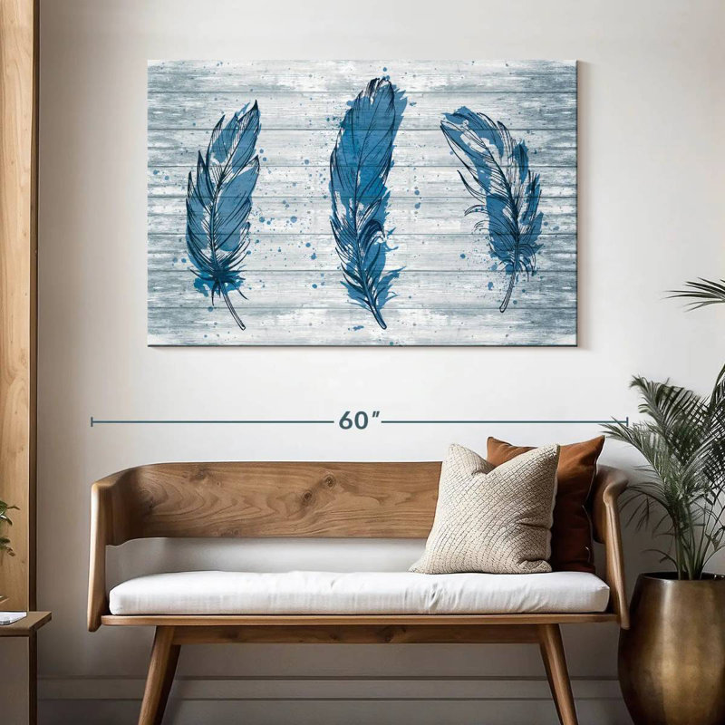 Plumes bleues sur bois Kerner, H 32 po x l 48 po