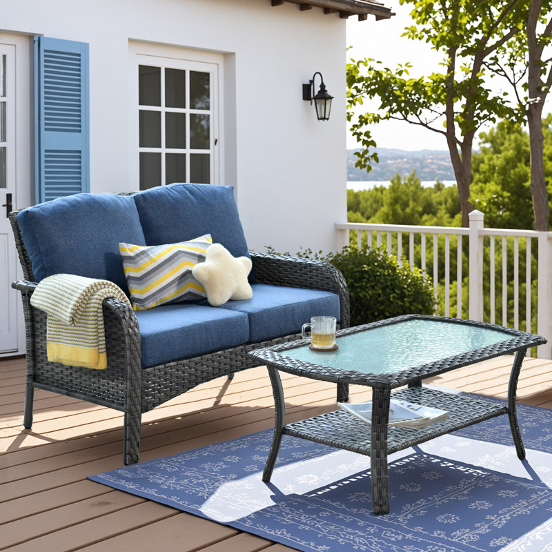 Allcot 2 - Person Outdoor Wicker Sofa with Glass Coffee Table, All Weather High Back Rattan Loveseat Couch with Comfy Cushions