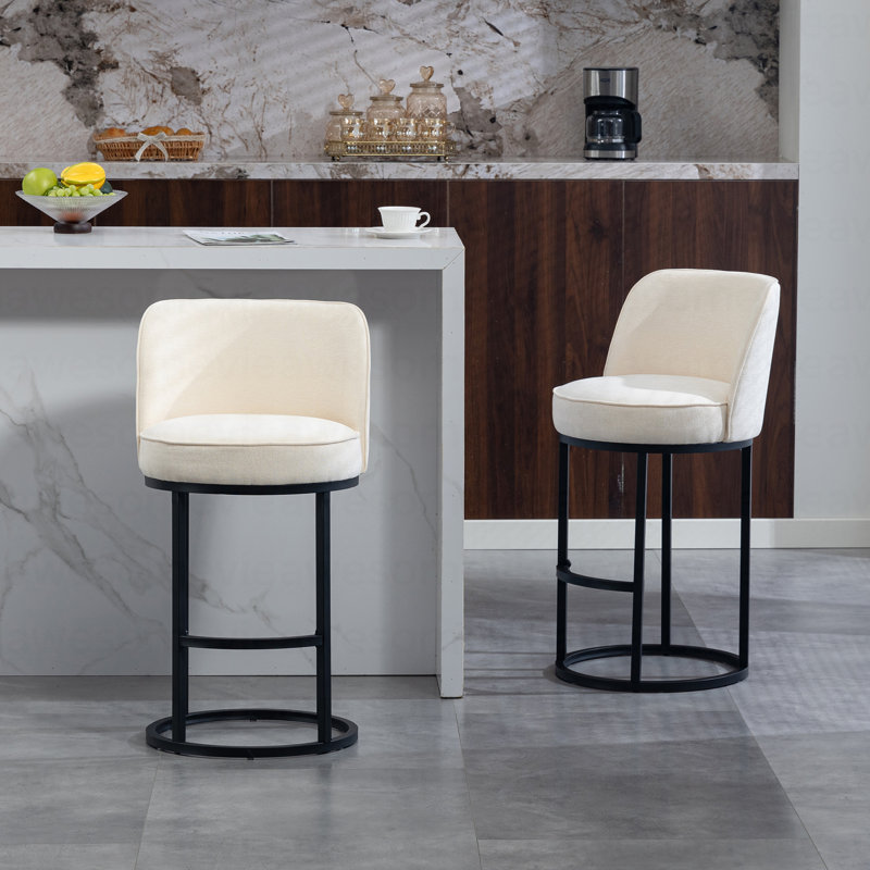 Counter Height Bar Stools Set of 2, Modern Barrel Design with Backrest, Linen Fabric Upholstered for Kitchen Island Comfort