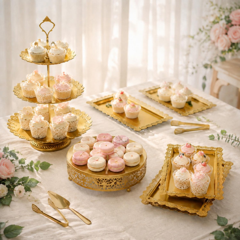 Ensemble de 11 présentoirs à desserts, supports et socles en métal doré, élégants et parfaits pour les fêtes et les mariages.