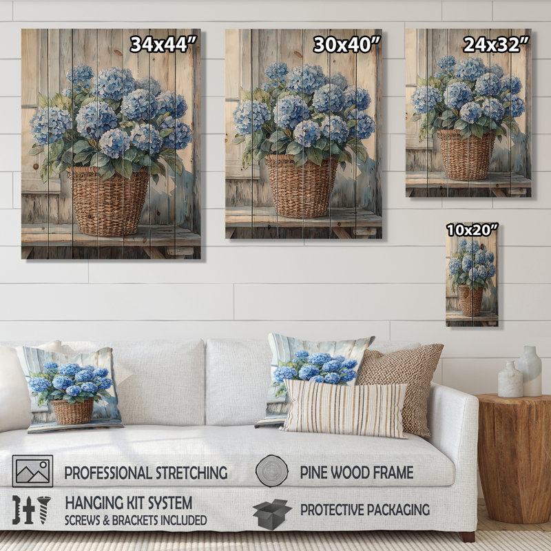 Hortensias dans un panier de ferme I - décoration murale en bois d'hortensias - sur bois de pin naturel