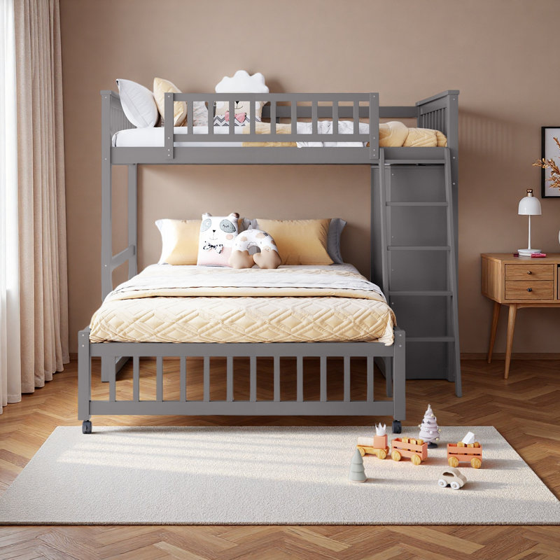 Lit superposé simple au-dessus de double en bois avec six tiroirs et tablettes flexibles, lit inférieur avec roulettes, Gris