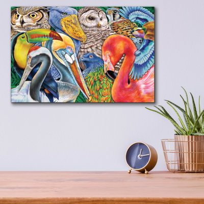 Art mural en verre Epic Art «Collage Birds Horizontal» par Tim Jeffs, 16 po x 12 po