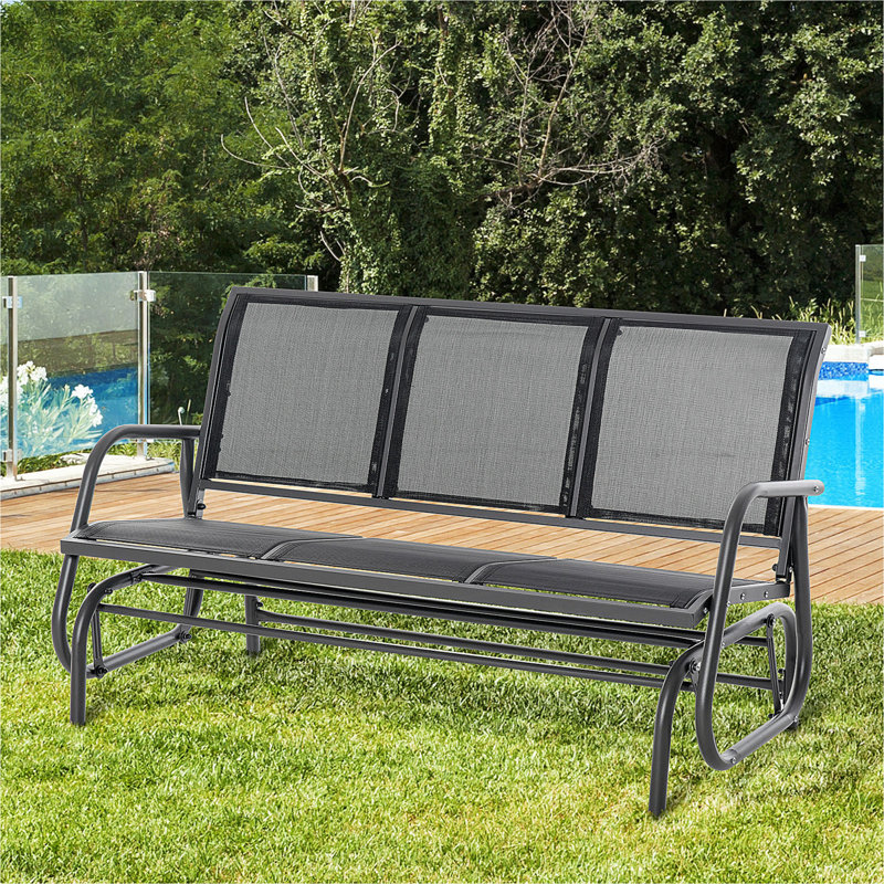 Outsunny 3-Person Patio Glider Bench, Outdoor Porch Glider Swing with 3 Seats, Breathable Mesh Fabric, Metal Frame, Black