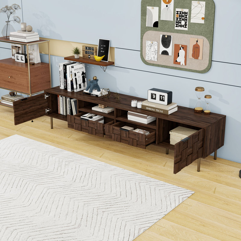Meuble télé Mid-Century avec tiroirs, armoires, trous de câbles et pieds robustes, Marron foncé