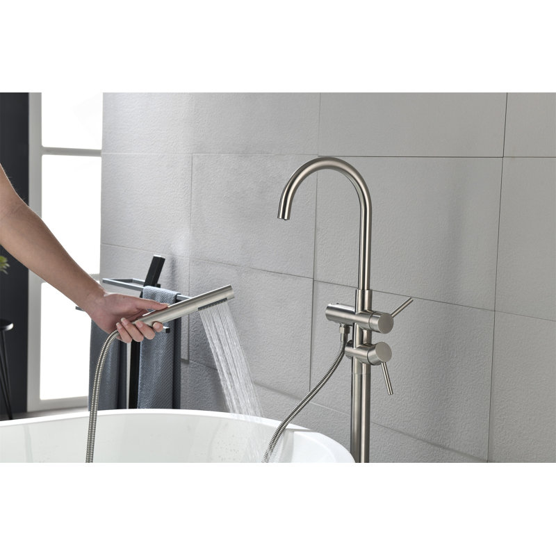 Robinet de baignoire autoportant à fixation au sol à haut débit avec pomme de douche à main et bec pivotant