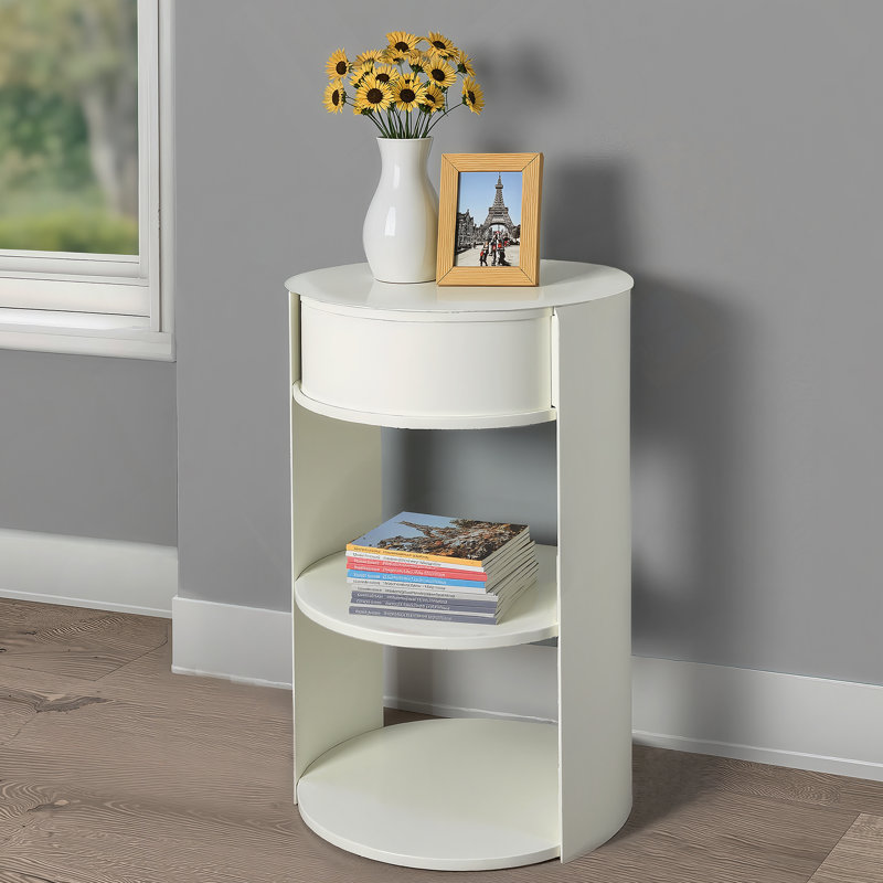 Table d'appoint ronde à 3 niveaux en métal avec armoire de rangement à porte coulissante, finition blanc mat | Idée de cadeau