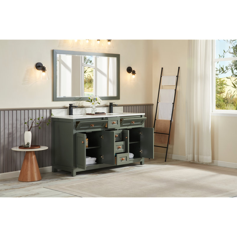60" Finish Solid Wood Sink Vanity With 1' Artificial Stone Top, Pewter Green, Rose Gold