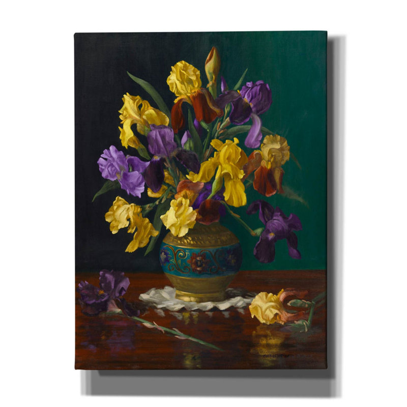 «Iris In Cloisonne Vase on Canvas» par Christopher Pierce, reproduction, H 16 po x l 12 po x P 0,75 po